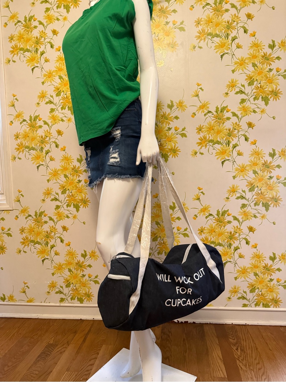 NWOT Denim blue tote Duffel Bag — "Will Work Out For Cupcakes"